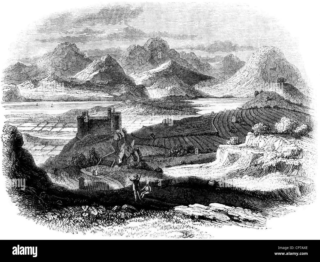 Engraving of Harlech Castle, Gwynedd, Wales Stock Photo Alamy