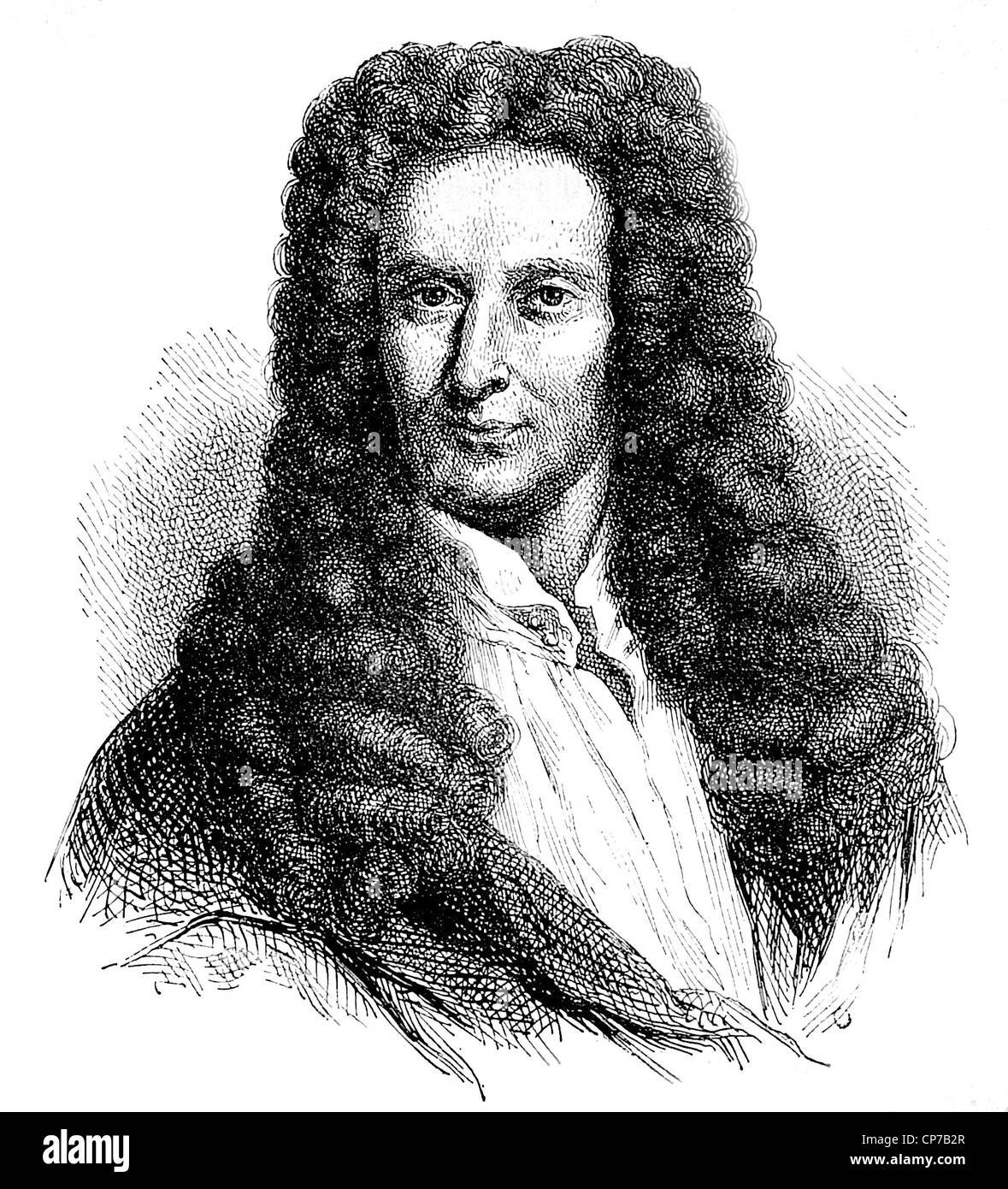 Engraving of Isaac Newton circa 1680 on white background. Published in El mundo físico by Amédée Guillemin in 1882. Stock Photo