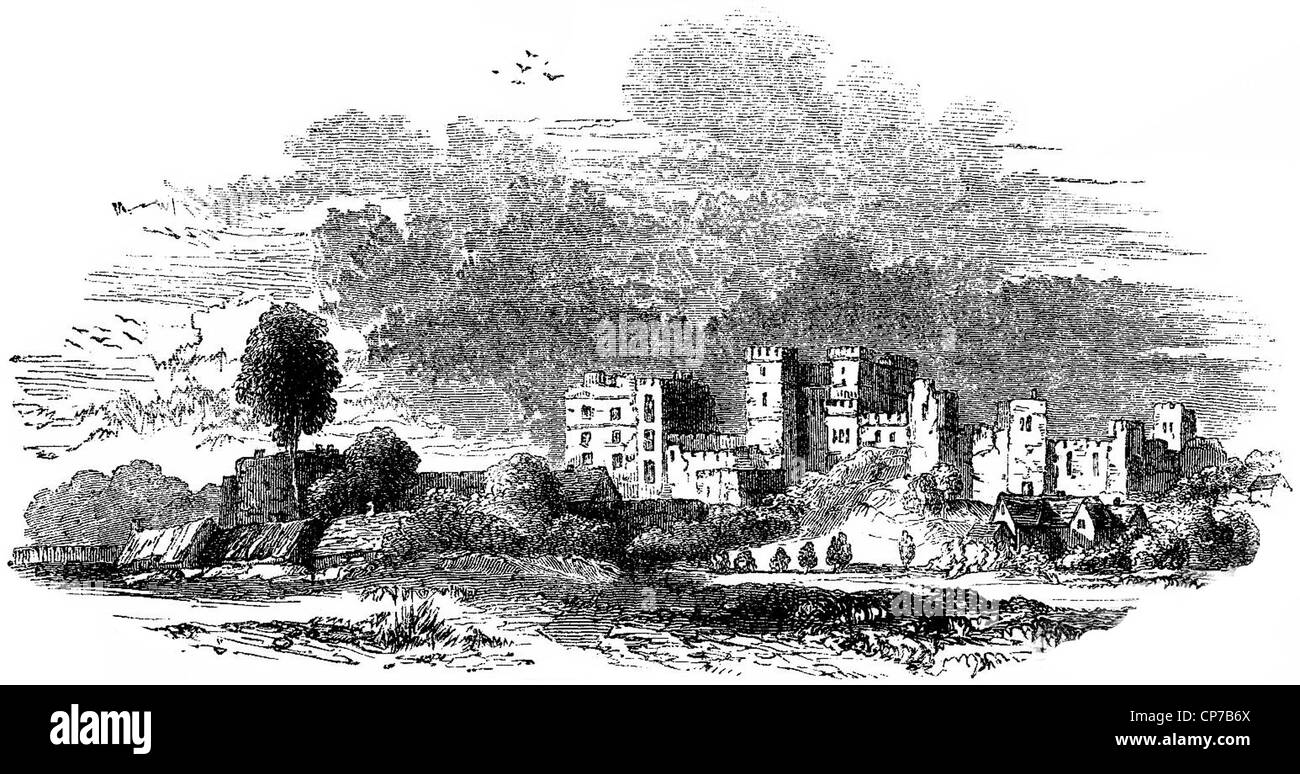 Engraving of 17th century Kenilworth castle in Warwickshire with white background, England. Stock Photo
