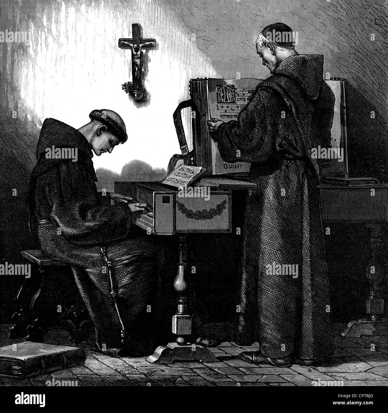 Engraving of two Franciscan monks, one playing harpsichord. Stock Photo
