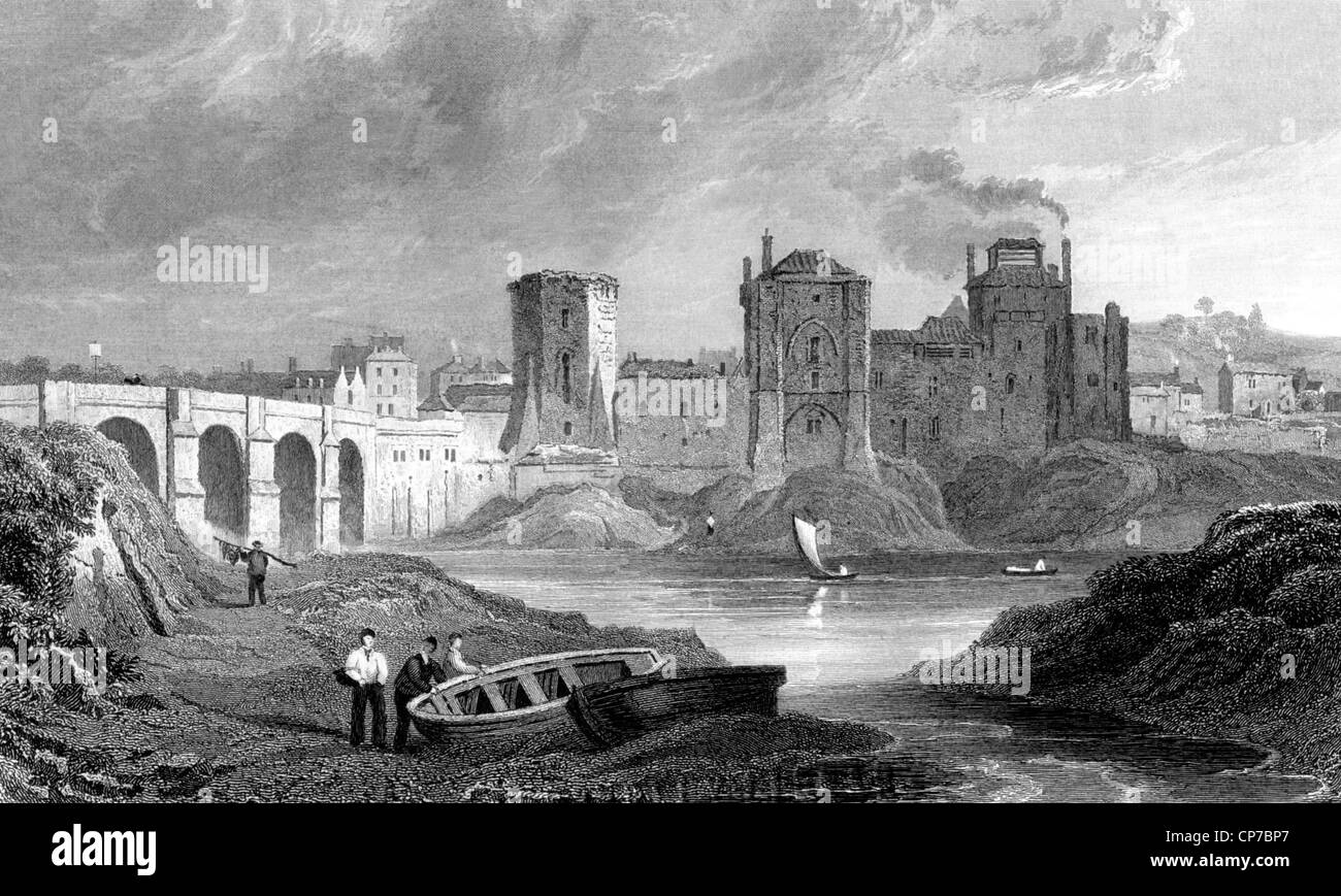 Engraving of Newport city over River Usk, Monmouthshire, Wales. Engraved by S. Lacey from original work by Gastineau (1791-1876) Stock Photo