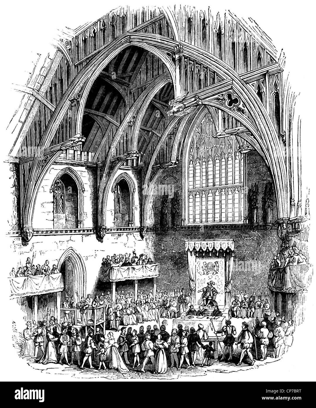 Interior of Westminster Hall, as seen during the Trial of Lambert, before Henry VIII, Westminster Palace, London. Stock Photo
