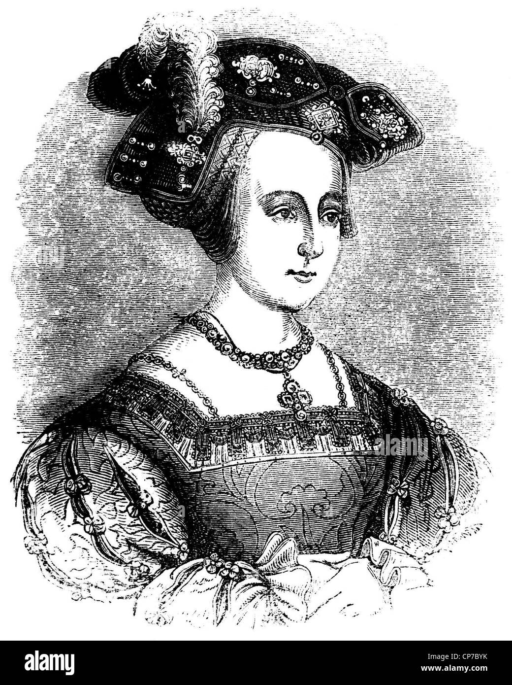 Engraved portrait of Tudor Queen Anne Boleyn with white background. Stock Photo