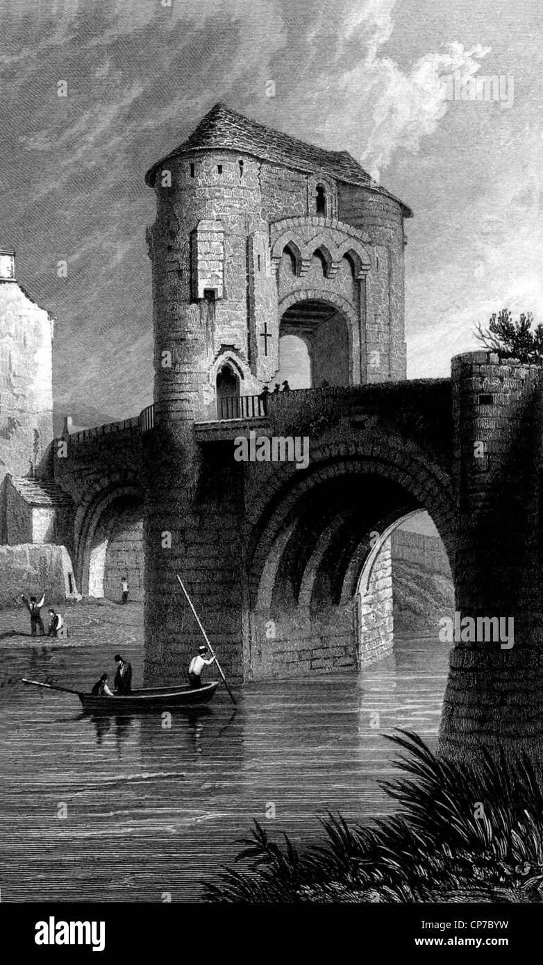 Engraving of Raglan Castle with gatehouse and bridge over moat, Monmouthshire, Wales. People punting in foreground. Stock Photo