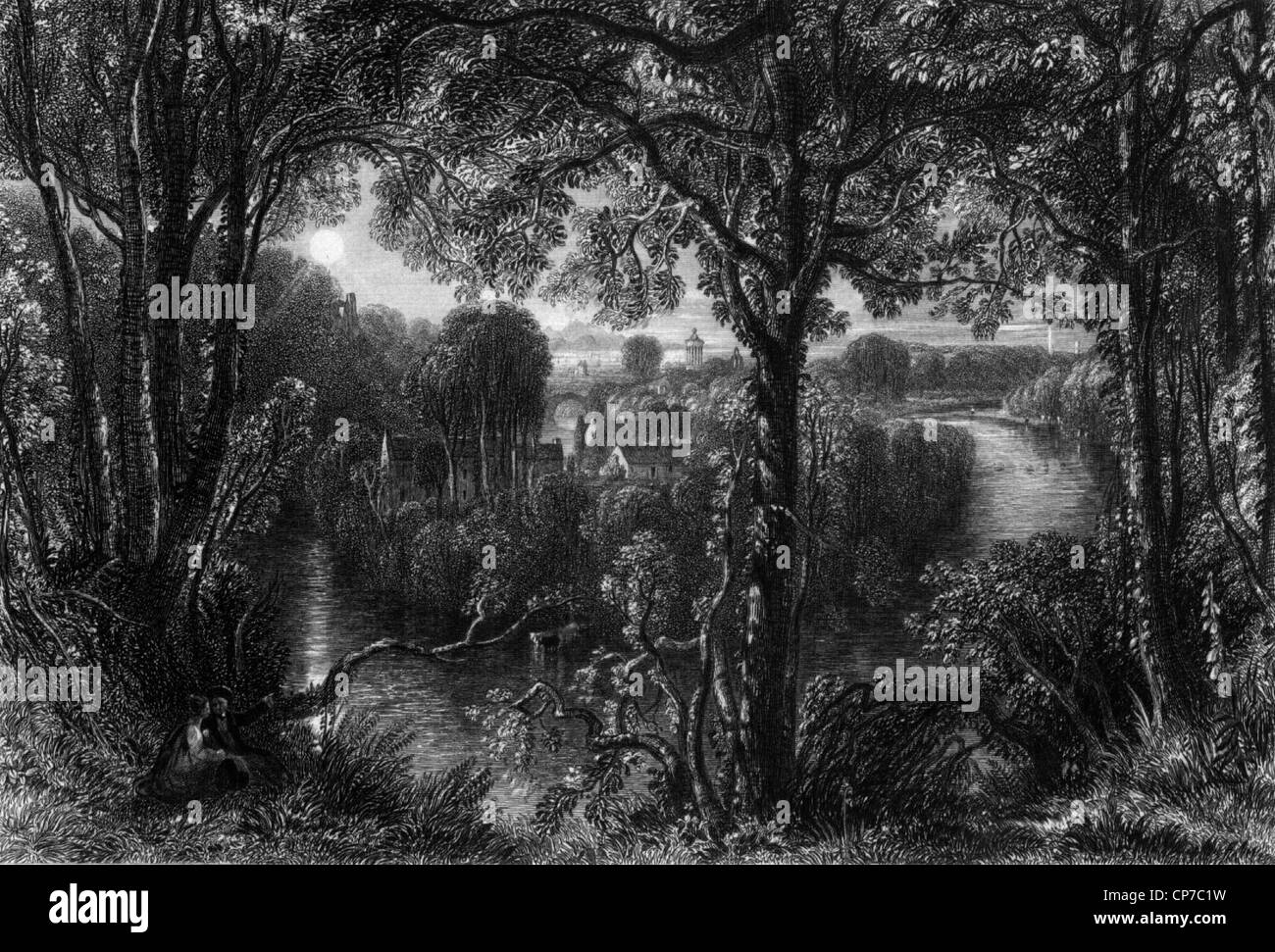 River Doon in South Ayrshire viewed through forest, Scotland. Engraved by William Miller in 1840. Stock Photo