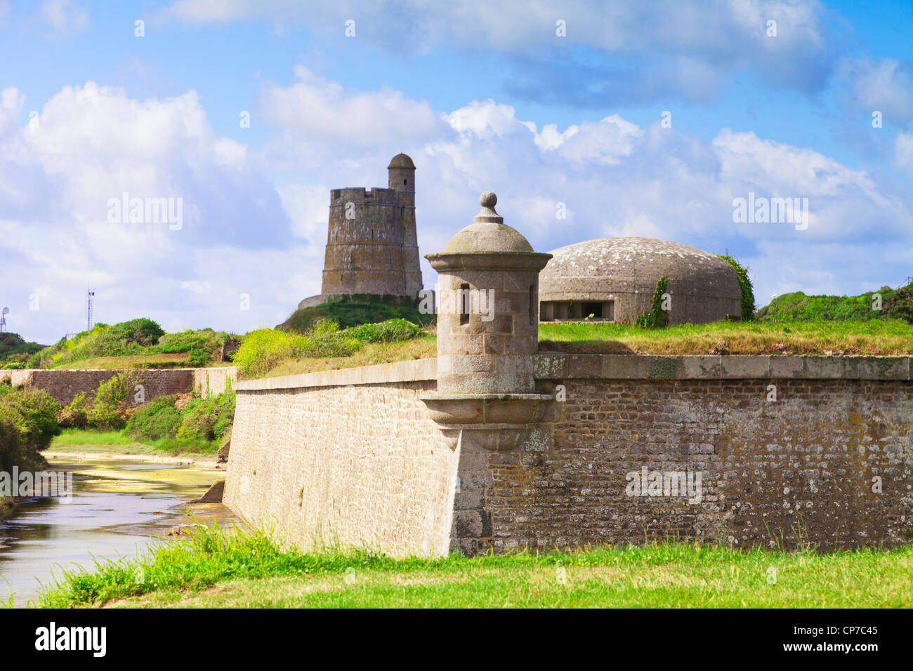 Fortifications built to keep the English out of the bay at Saint Vaast, Normandy, France. Stock Photo