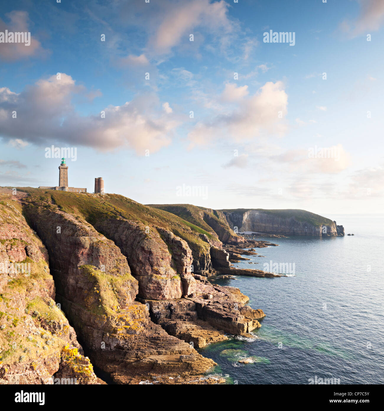 Old and new lighthouses on the cliffs at Cap Fréhel on the Emerald Coast in Brittany, France. Stock Photo