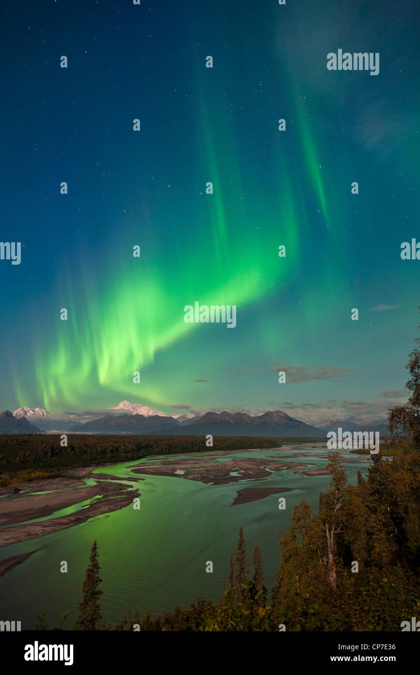Northern lights above Mount McKinley and the Chulitna River during a