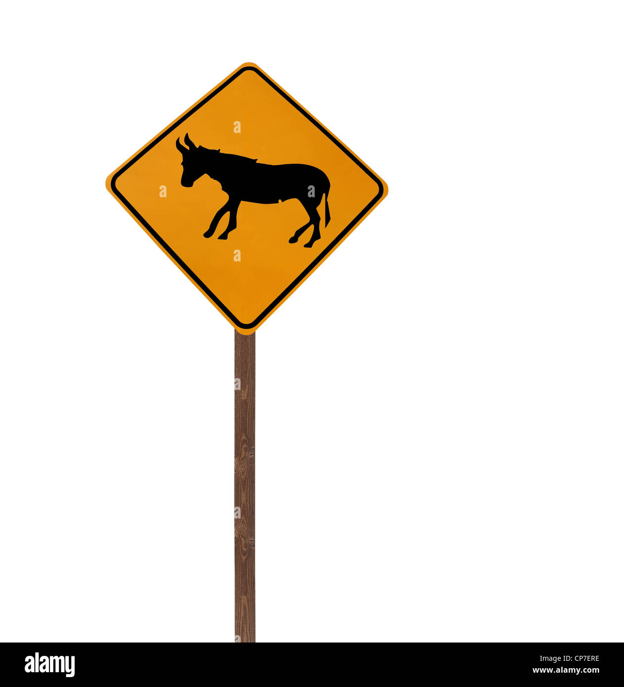 Tall isolated Jackass and Burro caution sign wooden post. Stock Photo