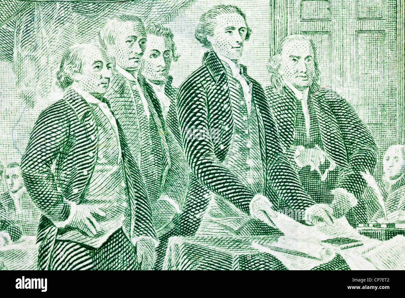 Jefferson, Franklin and others with the declaration of independence on the back of the US two dollar bill. Stock Photo