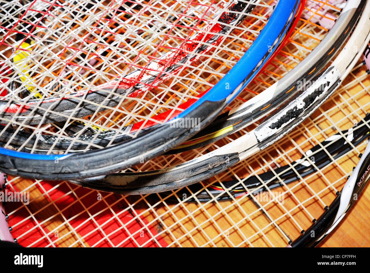 close up of old tennis rackets, horizontal Stock Photo