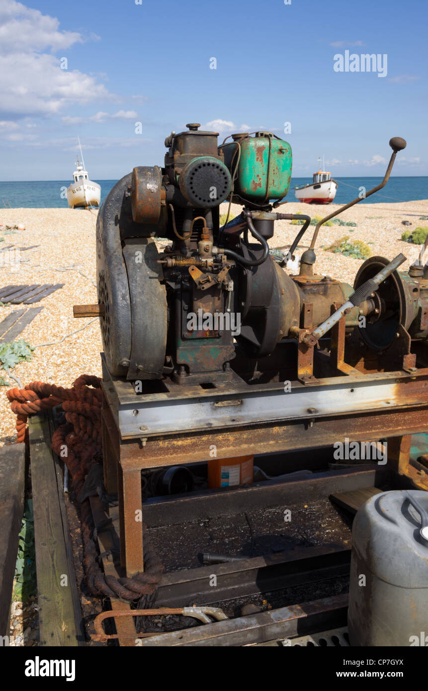 Dungeness kent cost shingle beach boat blue sky clouds hires stock