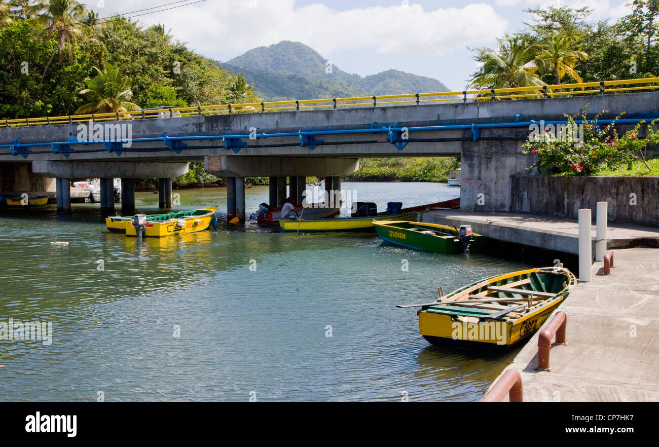 Rowing boats waiting for tourists for the Indian River boat trip under a road bridge near Portsmouth on Dominica West Indies Stock Photo