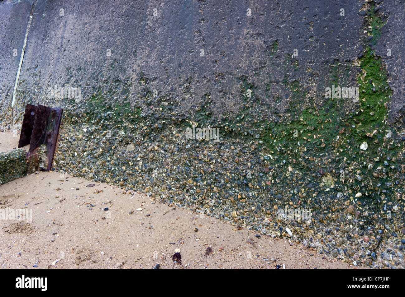 Erosion of a sea wall (protection against coastal erosion) at Hunstanton, Norfolk. Stock Photo