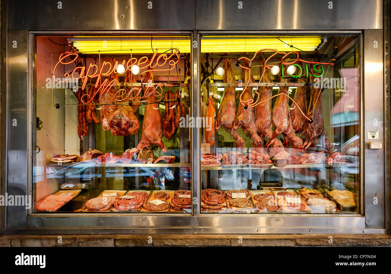 Butcher shop, Italian Market, South Philadelphia, Pennsylvania, USA Stock Photo