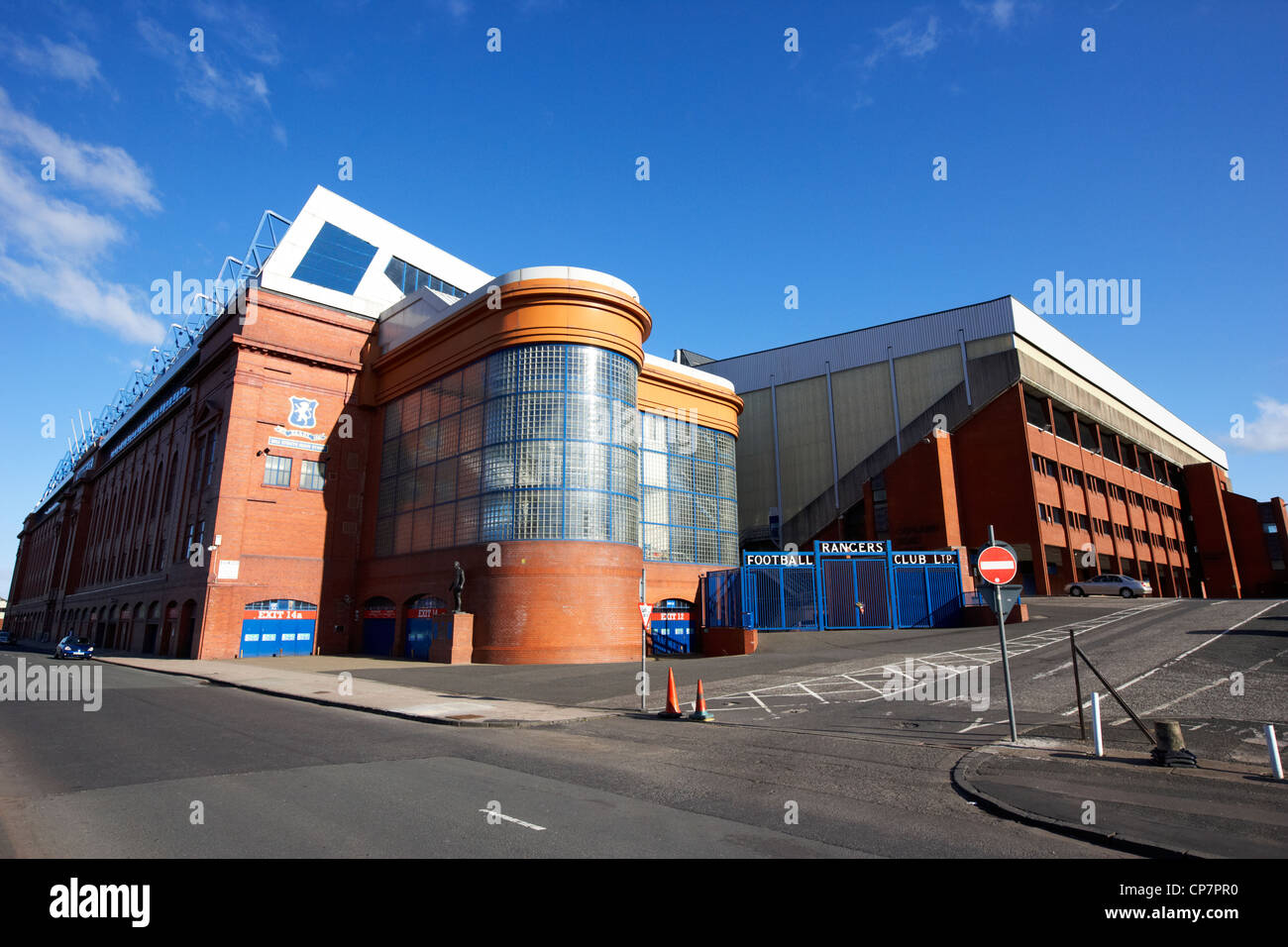 Ibrox stadium home ground to Glasgow Rangers FC under blue sky Glasgow Scotland Stock Photo