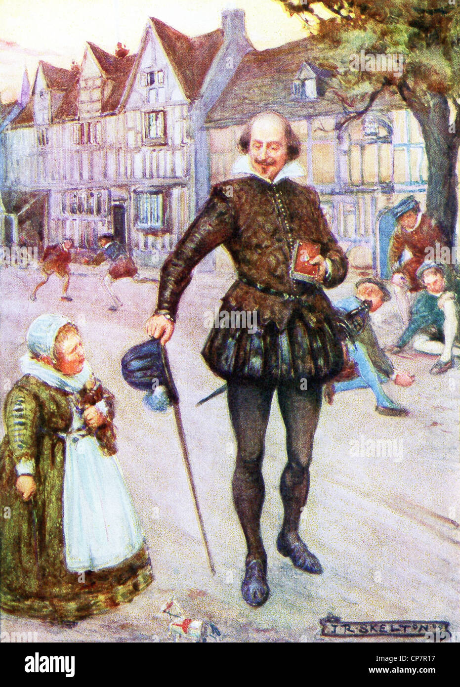 William Shakespeare (died 1616), an English poet and playwright, walks along a street in Stratford upon Avon. Stock Photo