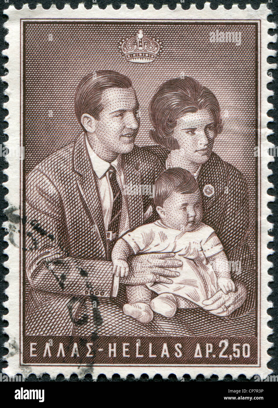 Postage stamps printed in Greece, shows King Constantine II, Queen Anne-Marie and Princess Alexia, circa 1966 Stock Photo