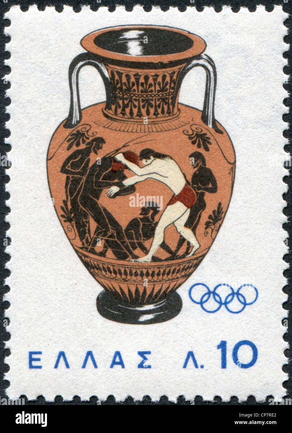 A stamp printed in Greece, dedicated to the 18th Olympic Games, Tokyo, shows Peleus and Atalante Fighting, 6th century B.C. Vase Stock Photo