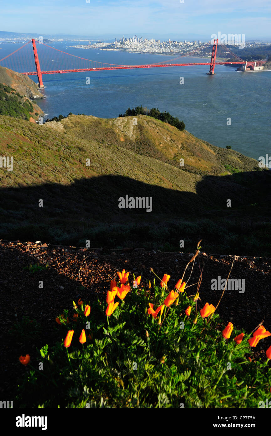 World famous San Francisco and the Golden Gate Bridge, Hawk Hill CA Stock Photo