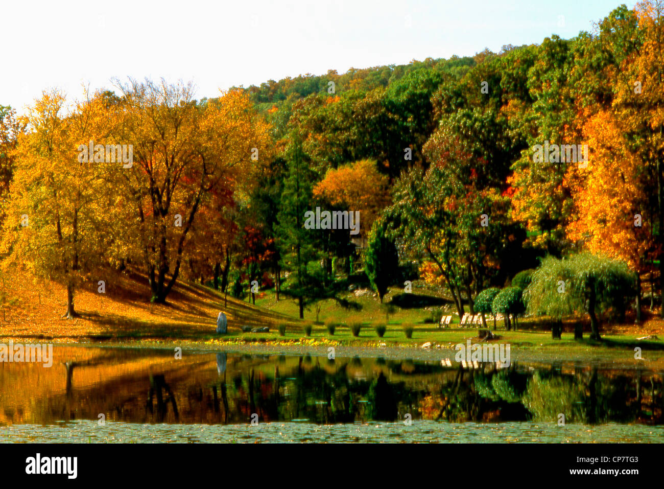 Image of Autumn colors and lake reflections at Innisfree Gardens, Millbrook, New York, USA Stock Photo