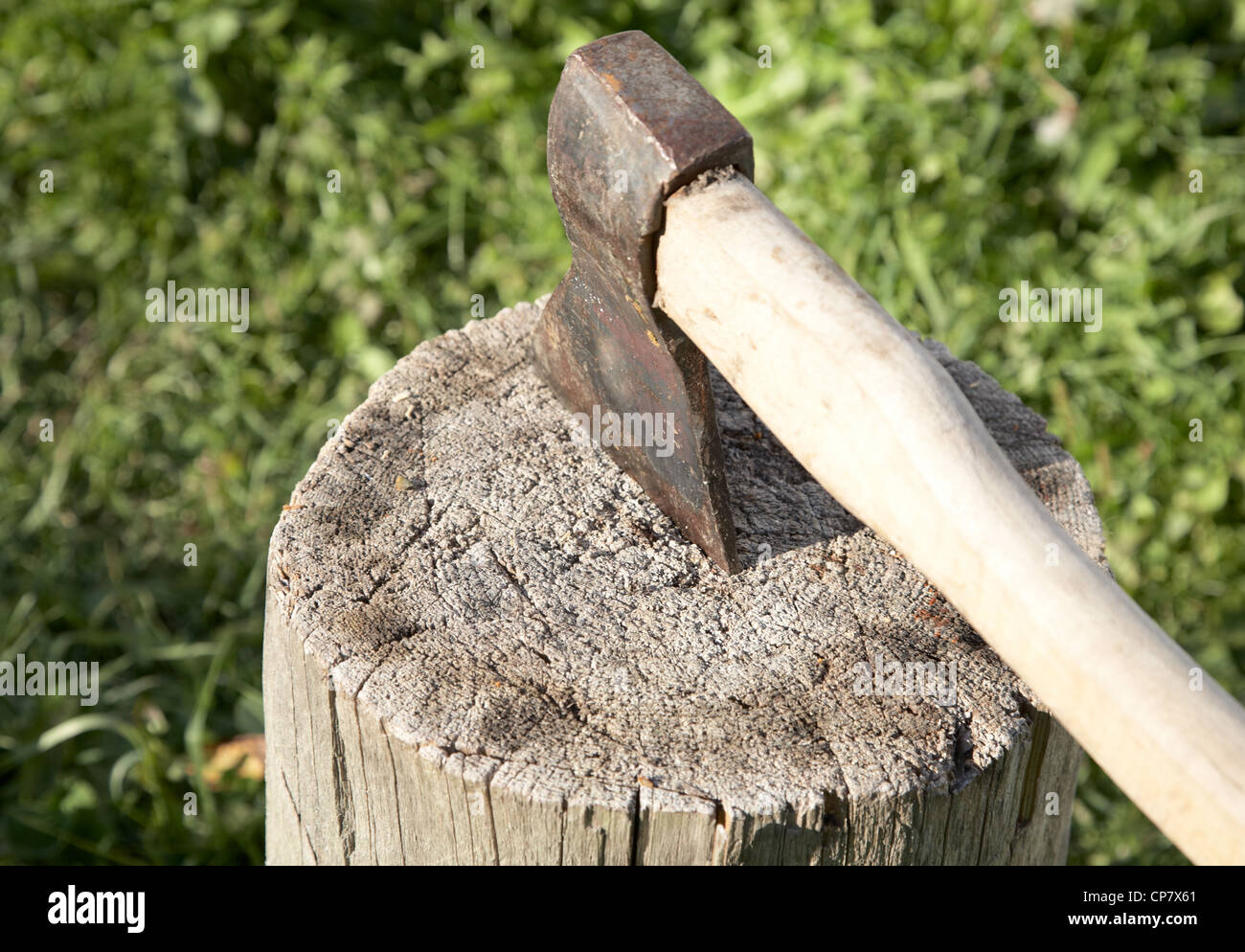 Axe with pack for cabin against a green grass Stock Photo