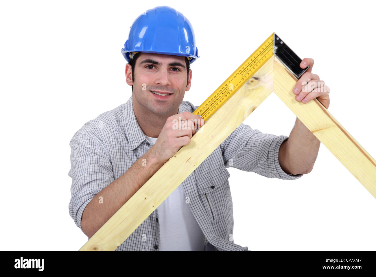 Carpenter using setsquare Stock Photo Alamy