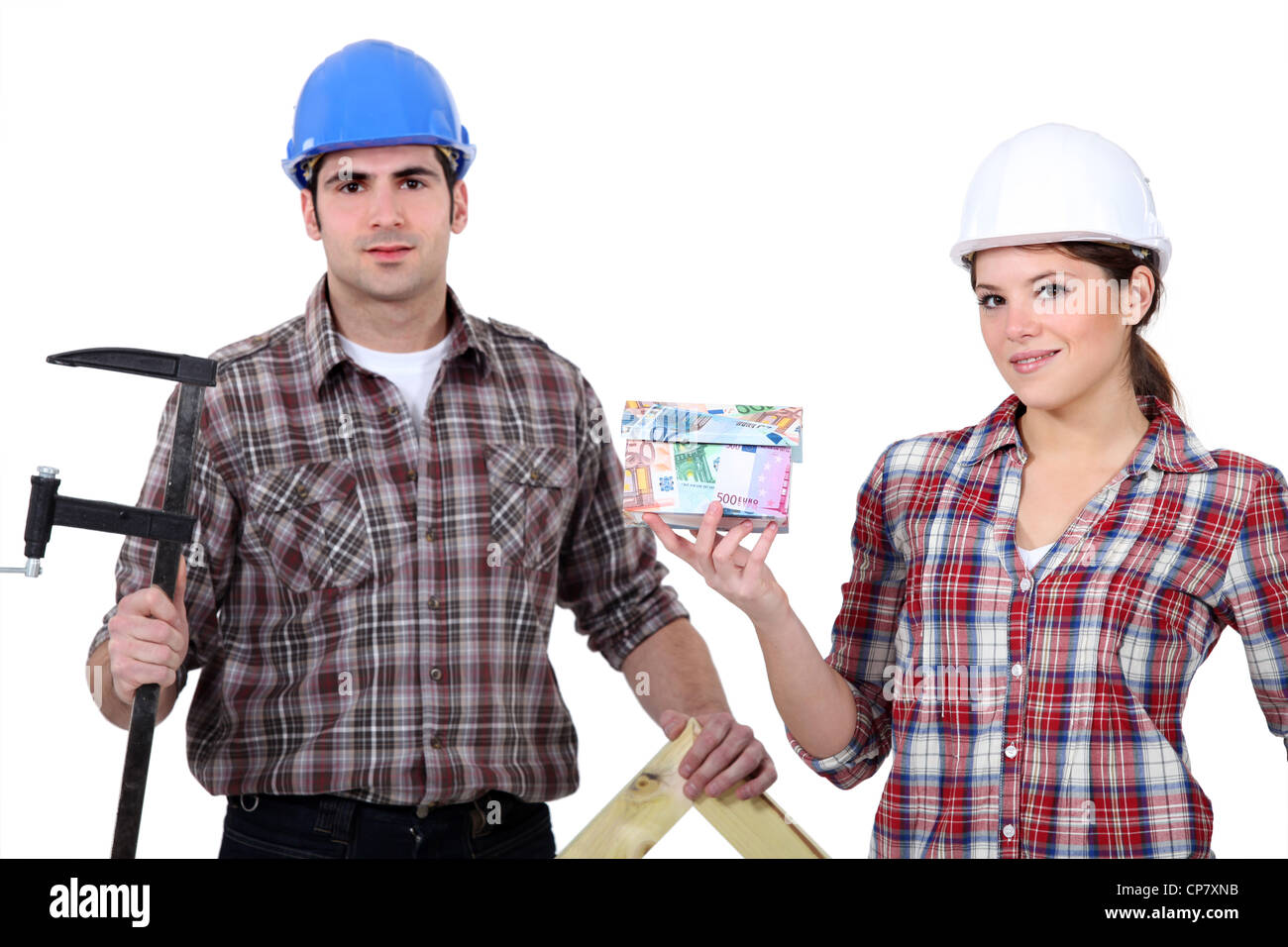 Trade Hand Examples A team of tradespeople holding their tools and a house model Stock ...