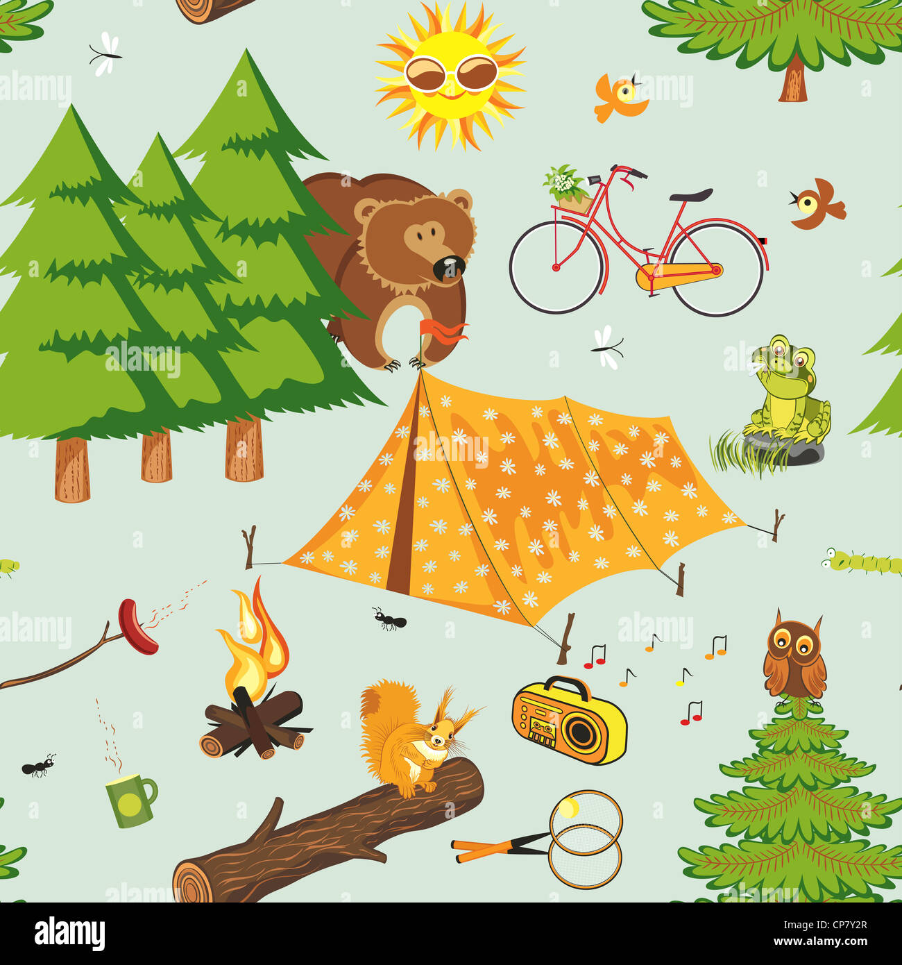 Summer camping seamless pattern in a retro style Stock Photo - Alamy