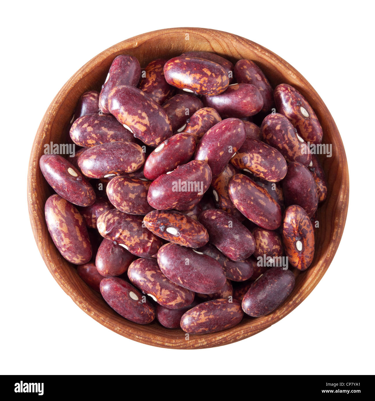 wooden bowl full of red speckled kidney beans isolated on white background Stock Photo