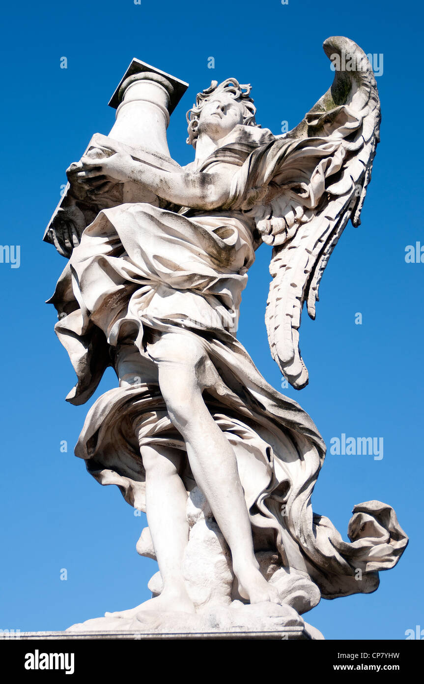 Rome Italy- statue of an angel with column on Ponte Sant Angelo Stock Photo