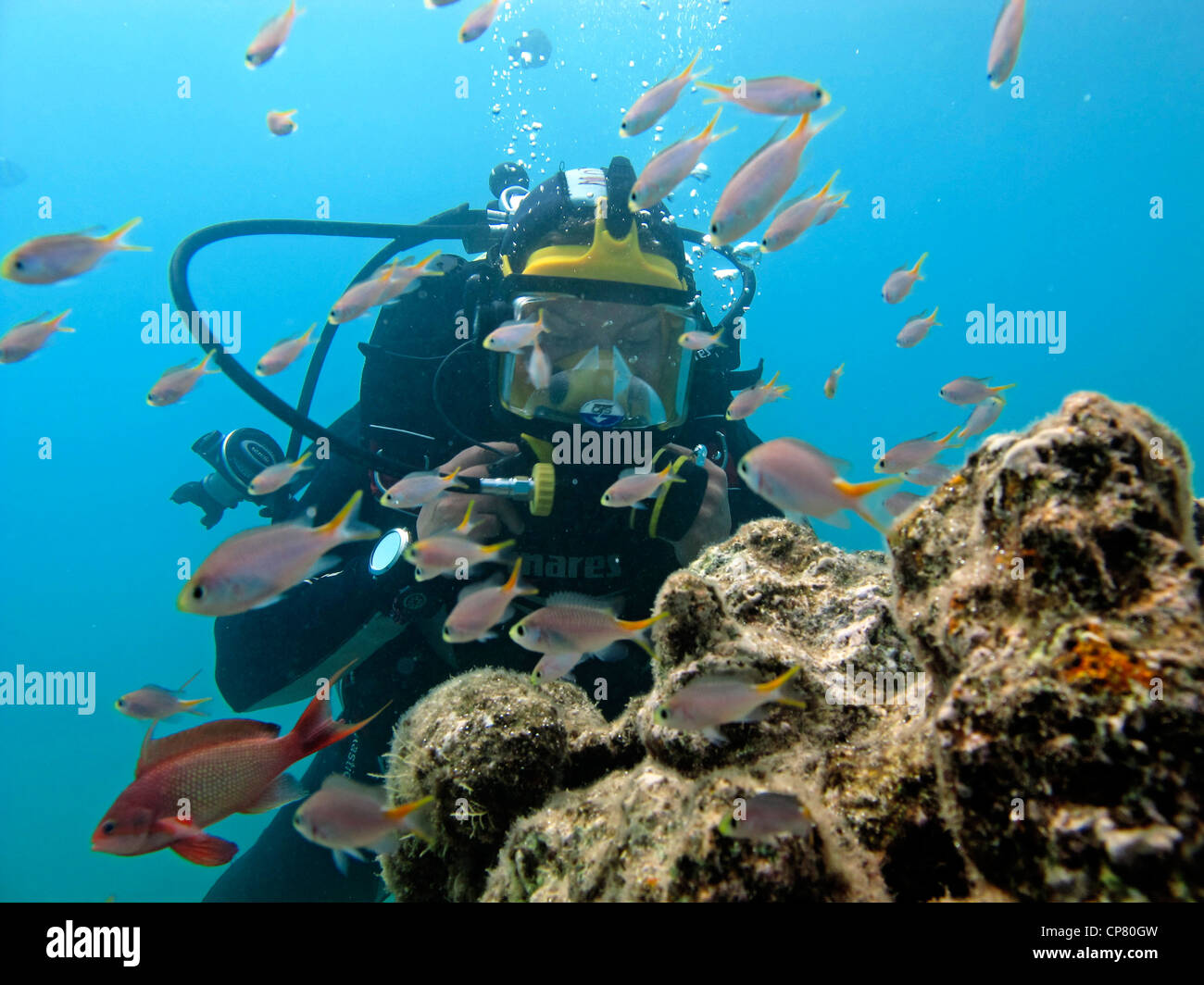 SCUBA Diver with Full Face Mask Stock Photo