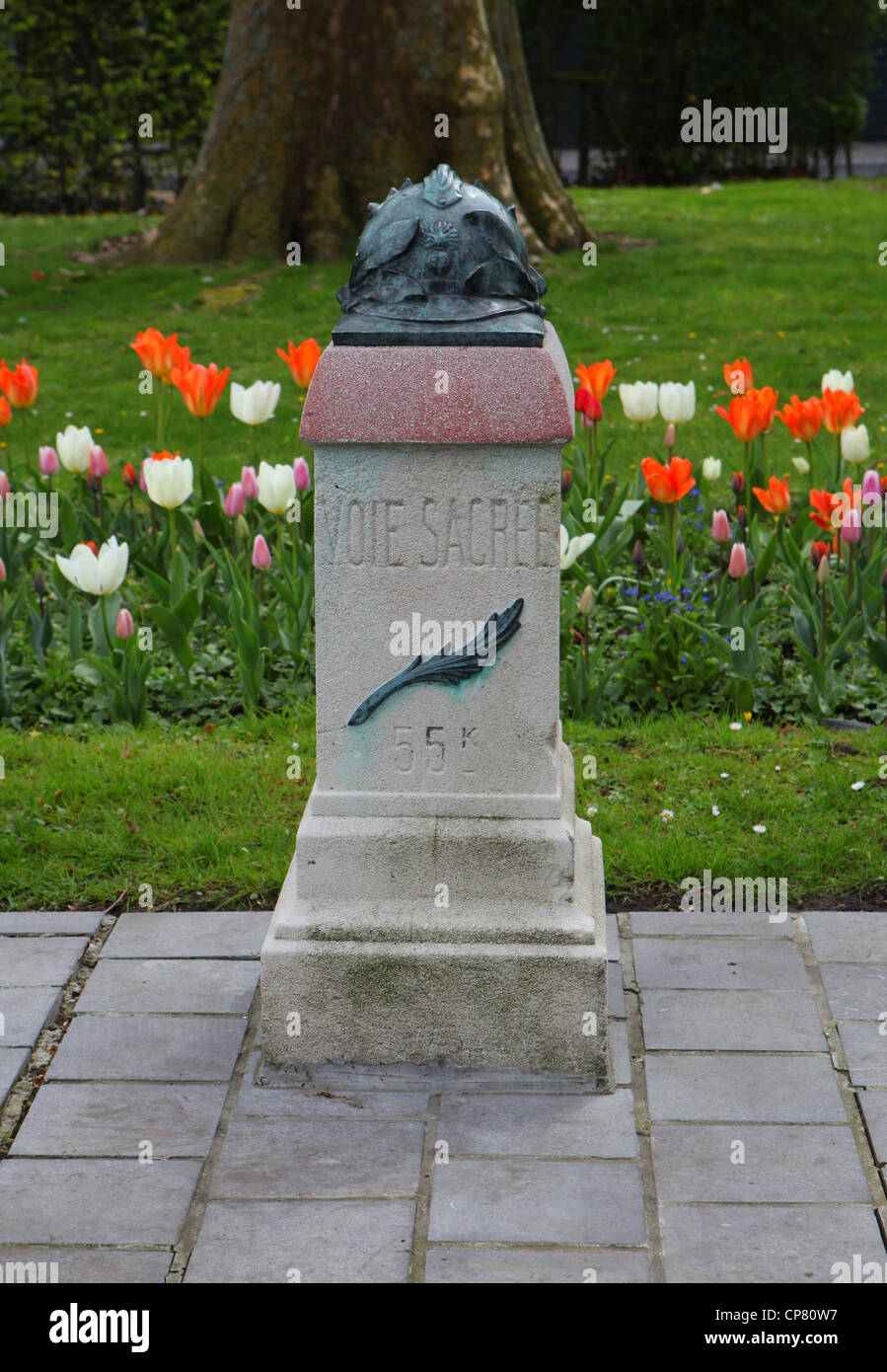 Voie sacree marker for the supply of Verdun during the Great War now at Oudenarde, Belgium Stock Photo