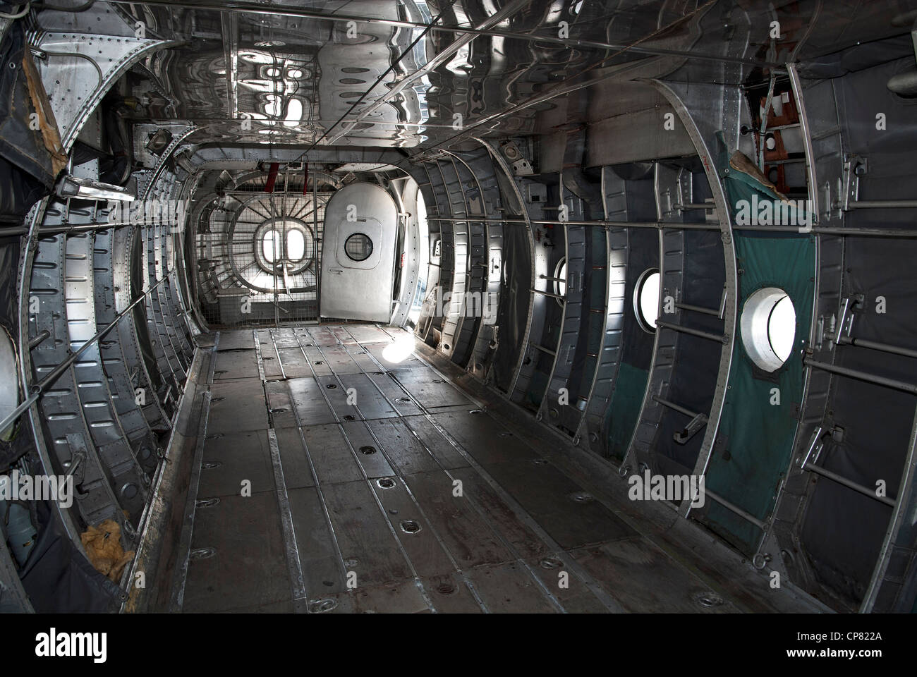 Hold of an old military transport aircraft. Stock Photo