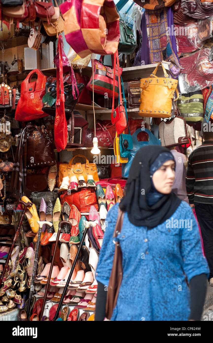 Tunis, Tunisia - Medina Souk, stall selling leather handmade bags Stock Photo