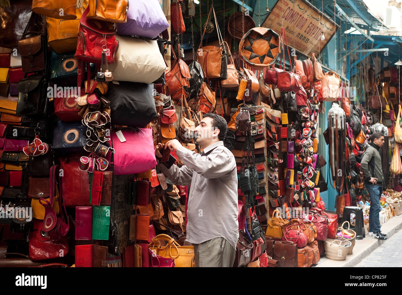 Tunis, Tunisia Medina Souk, stall selling leather handmade goods