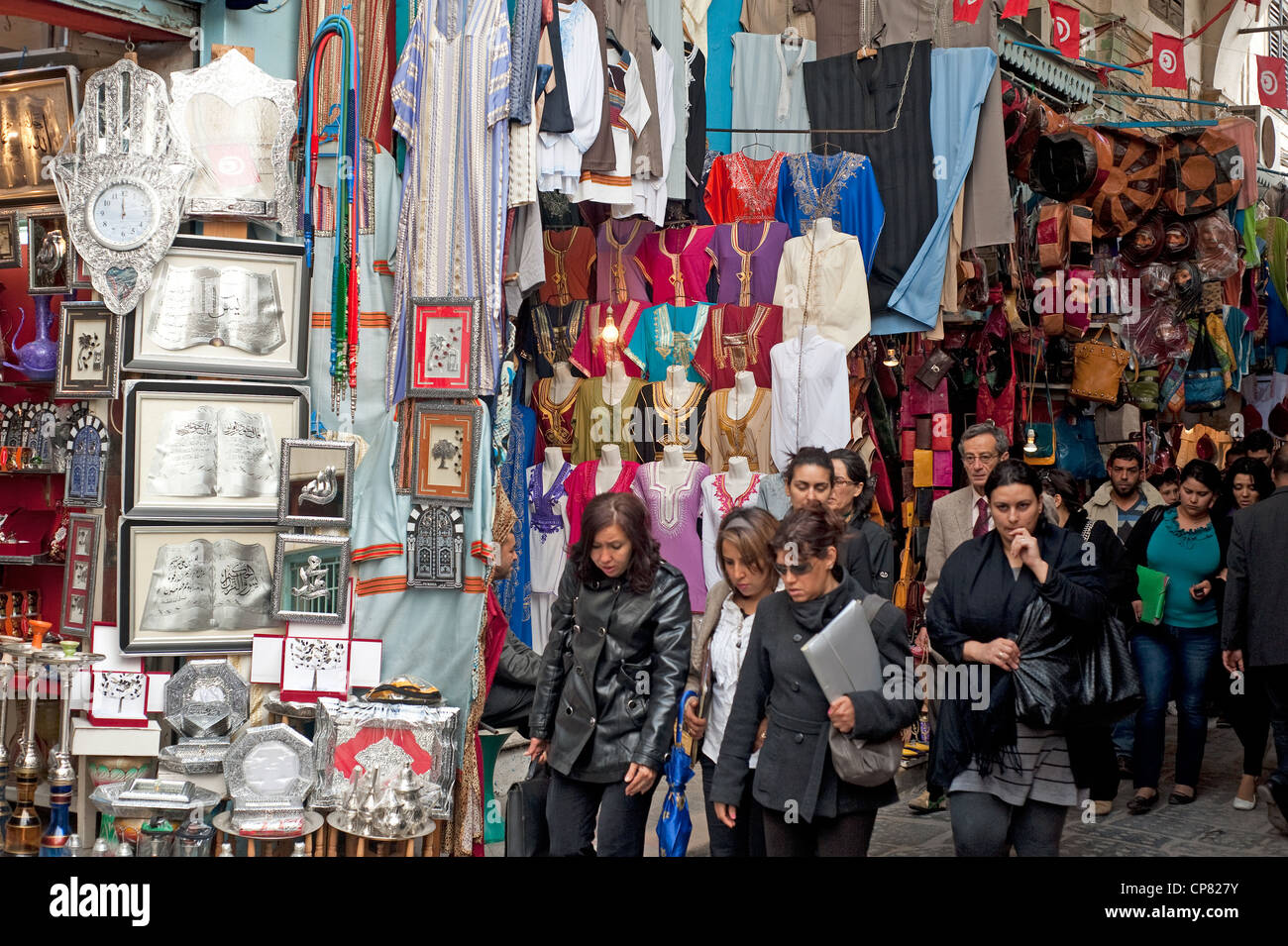 Tunis, Tunisia - Narrow and crowded streets in  the Medina area. Stock Photo