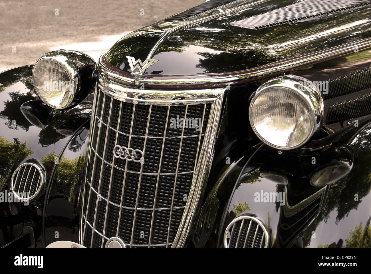 Bonnet and radiator grill of a historic vehicle from Auto Union. Stock Photo