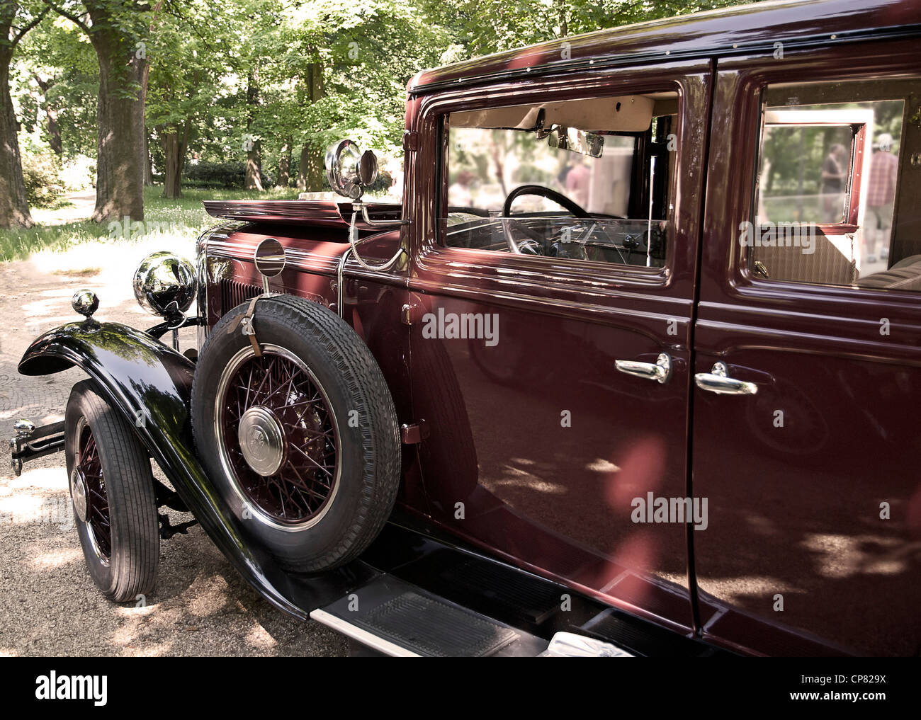 view of a historical  vehicle in a park. Stock Photo