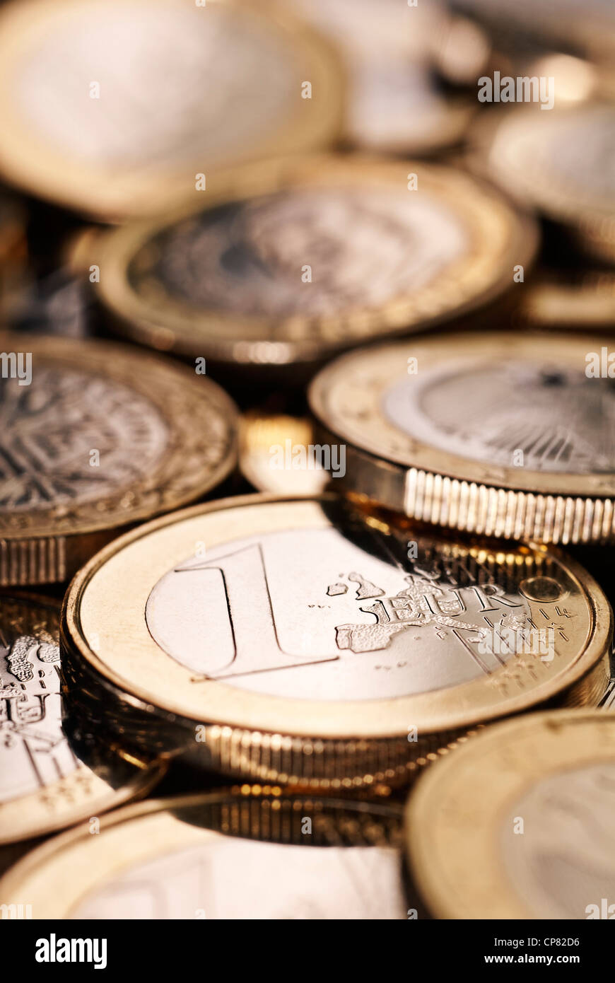 Close up of a large number of € coins. Stock Photo