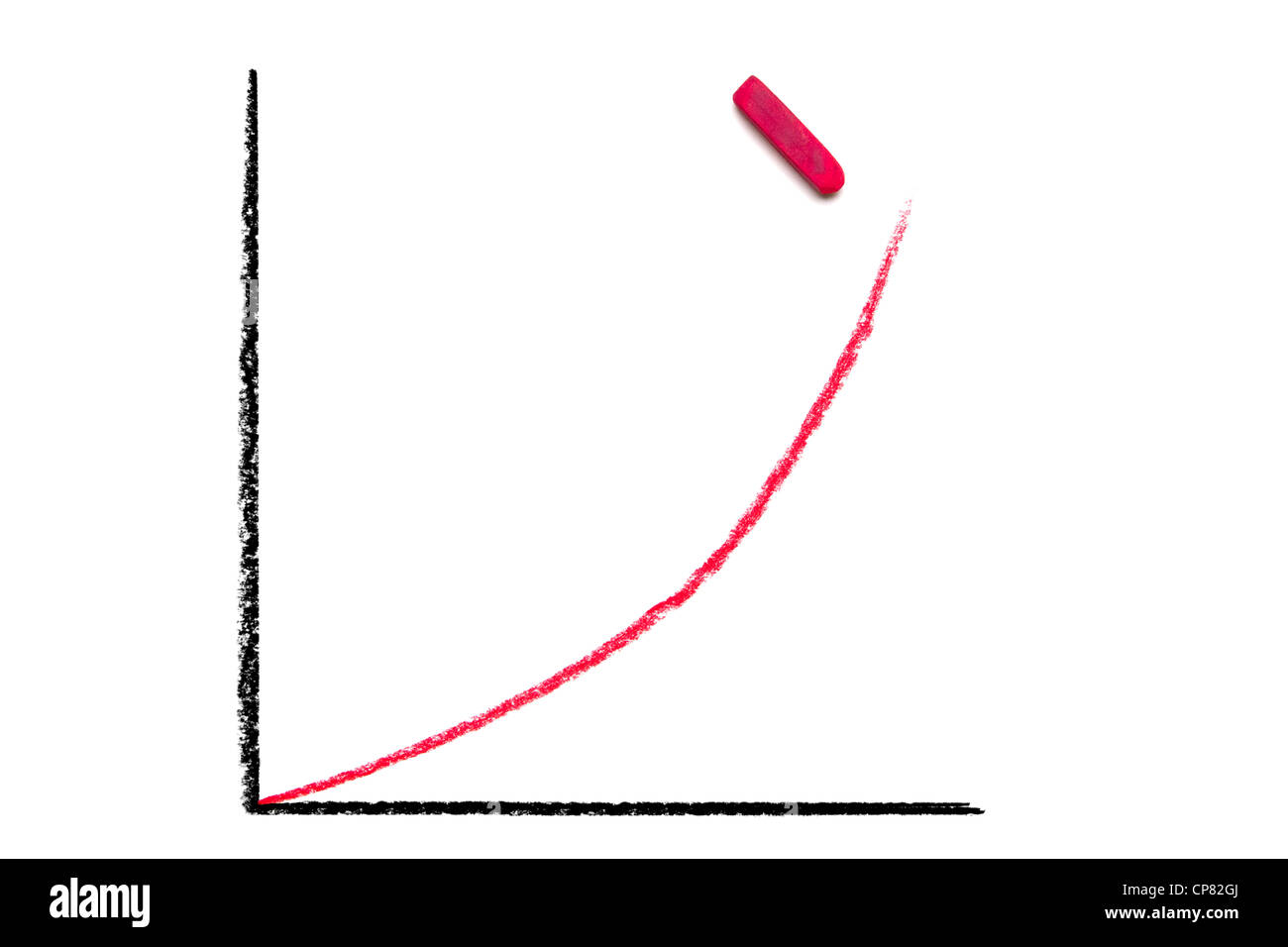 Hand drawn pastel chalk graph with black axes and red line curving upward. Piece of red pastel chalk shown. Isolated on white. Stock Photo