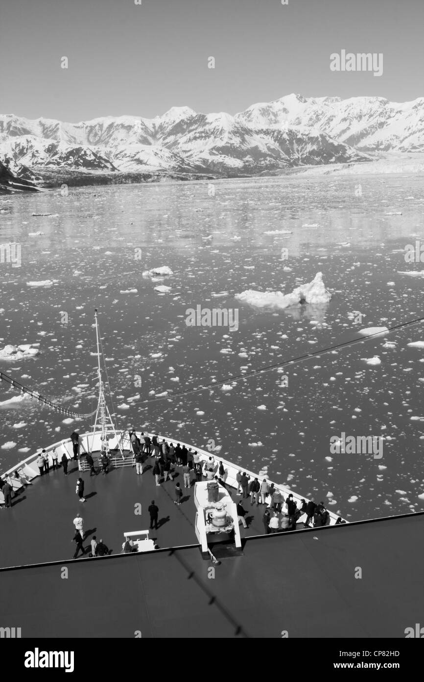 Alaska, USA, touring boat near a glacier. In black and white Stock Photo