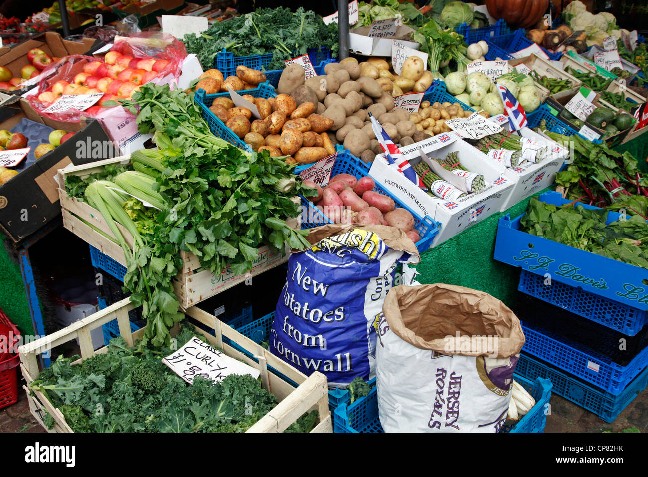 Vegetables for sale on a market stall in Cambridge, England Stock Photo
