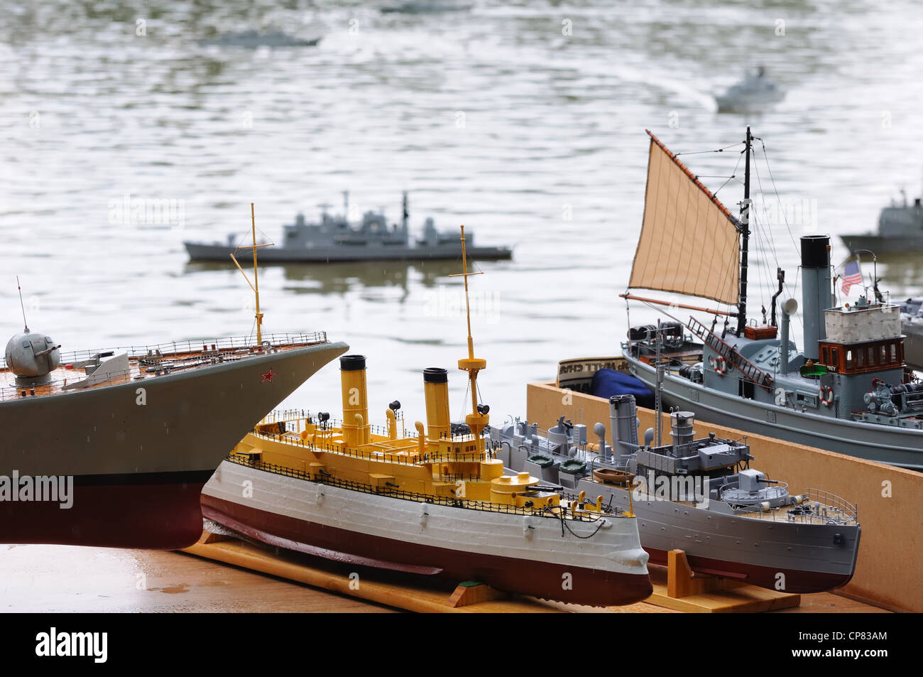 Model ships on display in and around Queen's Park boating pond on Glasgow's southside, Scotland, Uk. Stock Photo