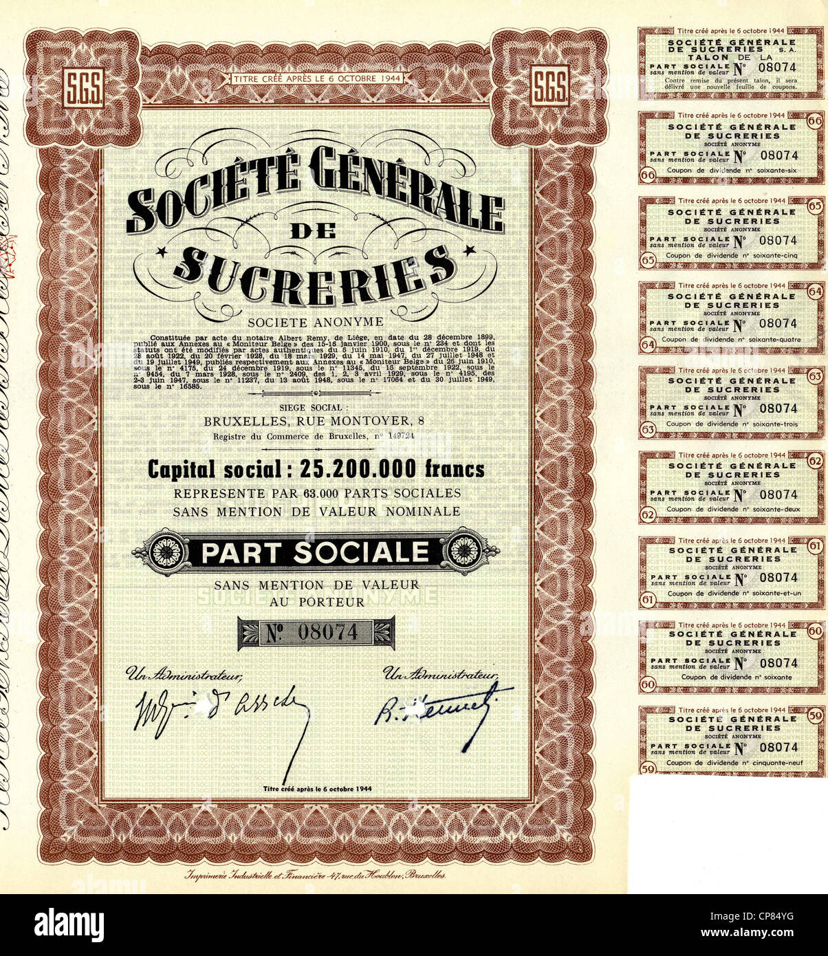 Historic share certificate from Belgium, sugar industry, Historisches