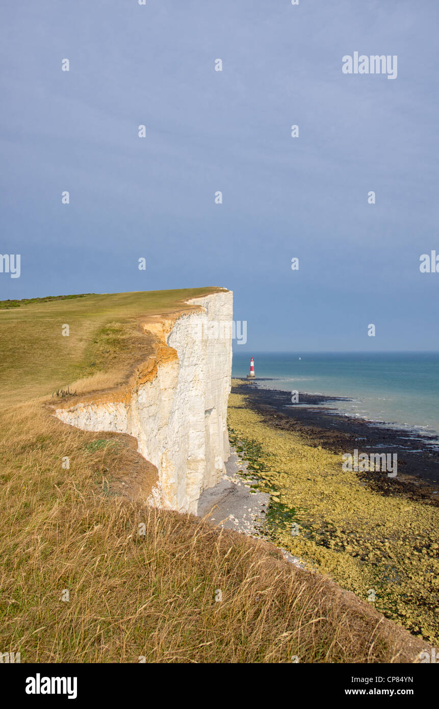 View of Beach Head chalk cliff and light house East Sussex UK South