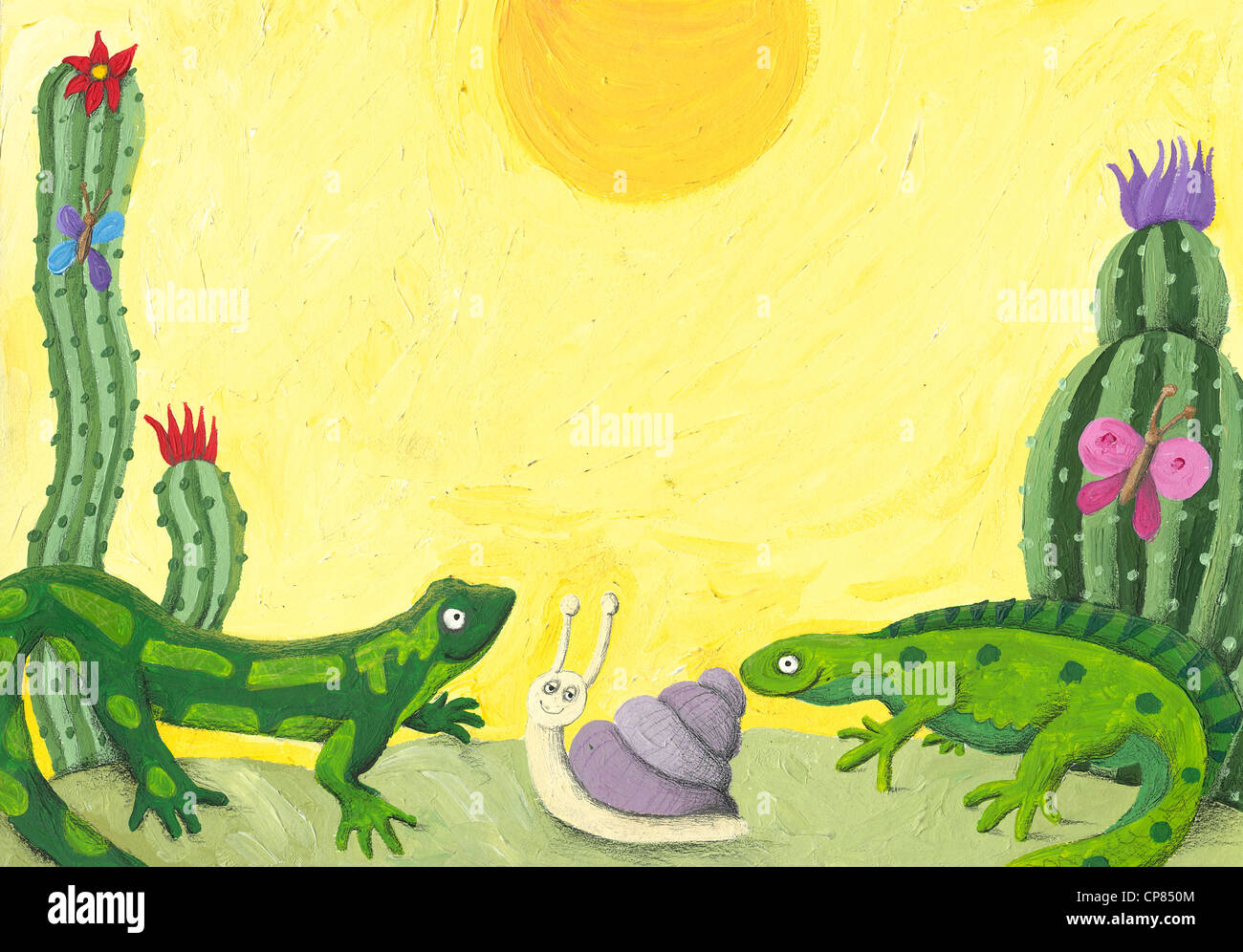 Acrylic illustration of a two cute lizards in the desert Stock Photo