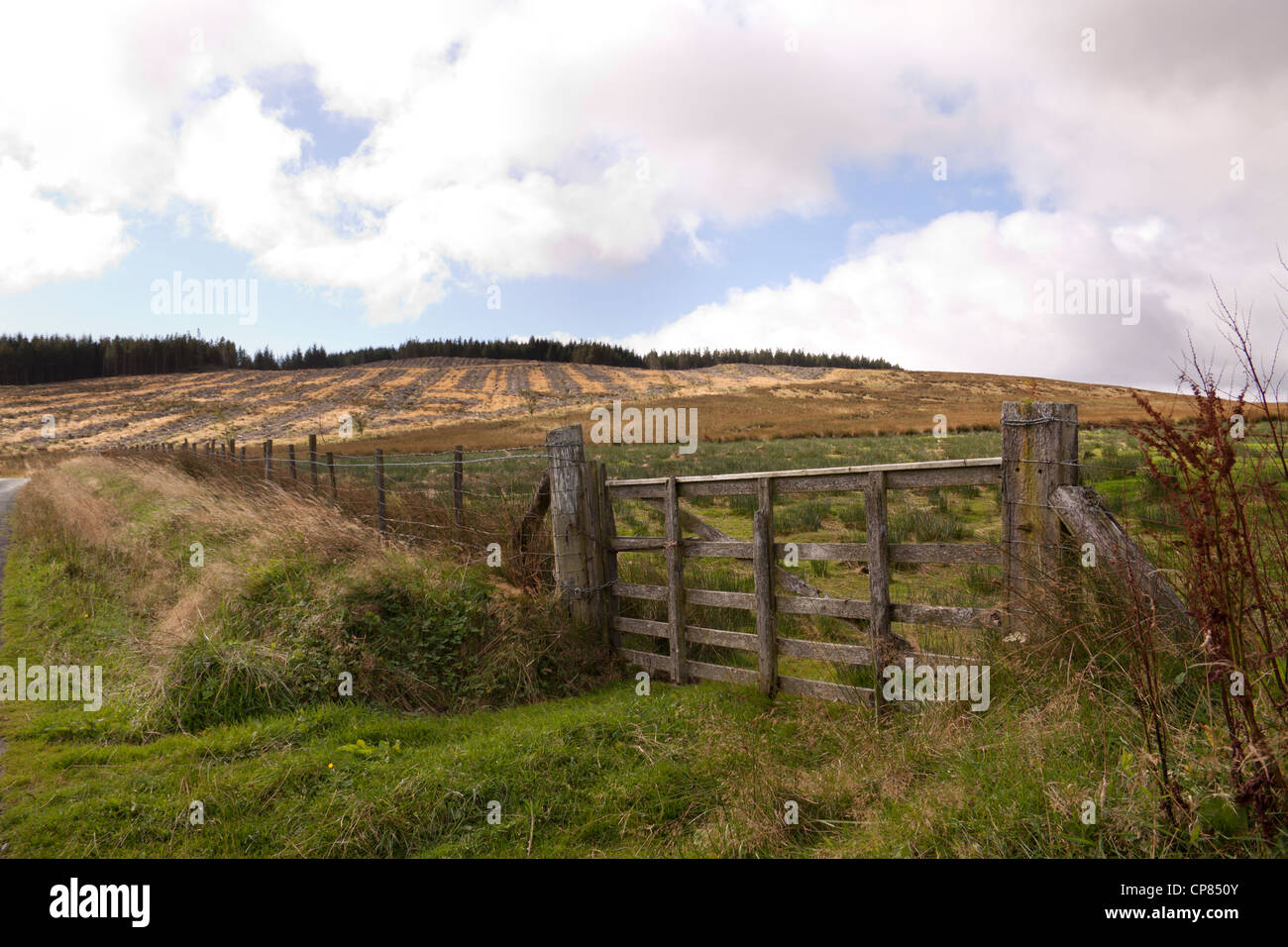 Farm gate and fence with distant fields and forest Stock Photo - Alamy
