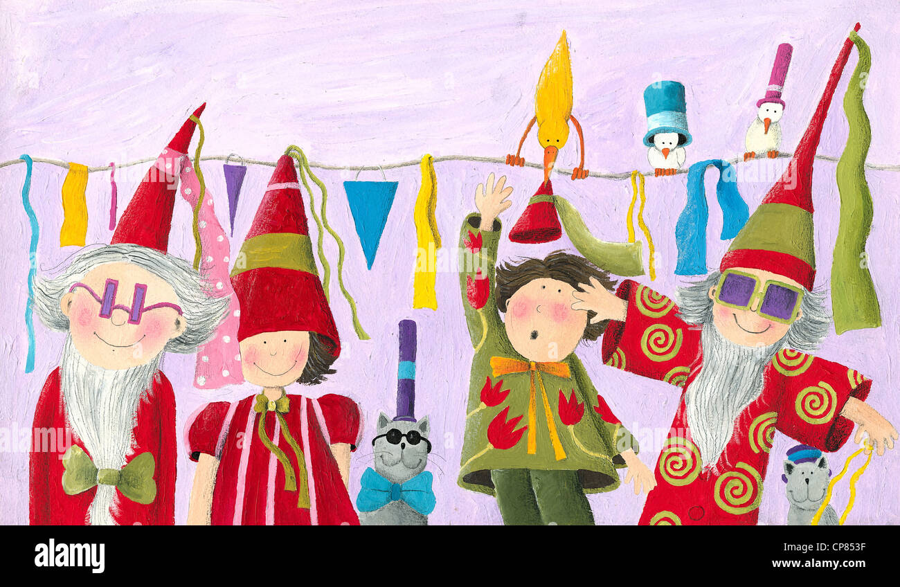 Acrylic illustration of the Carnival of Dwarfs Stock Photo