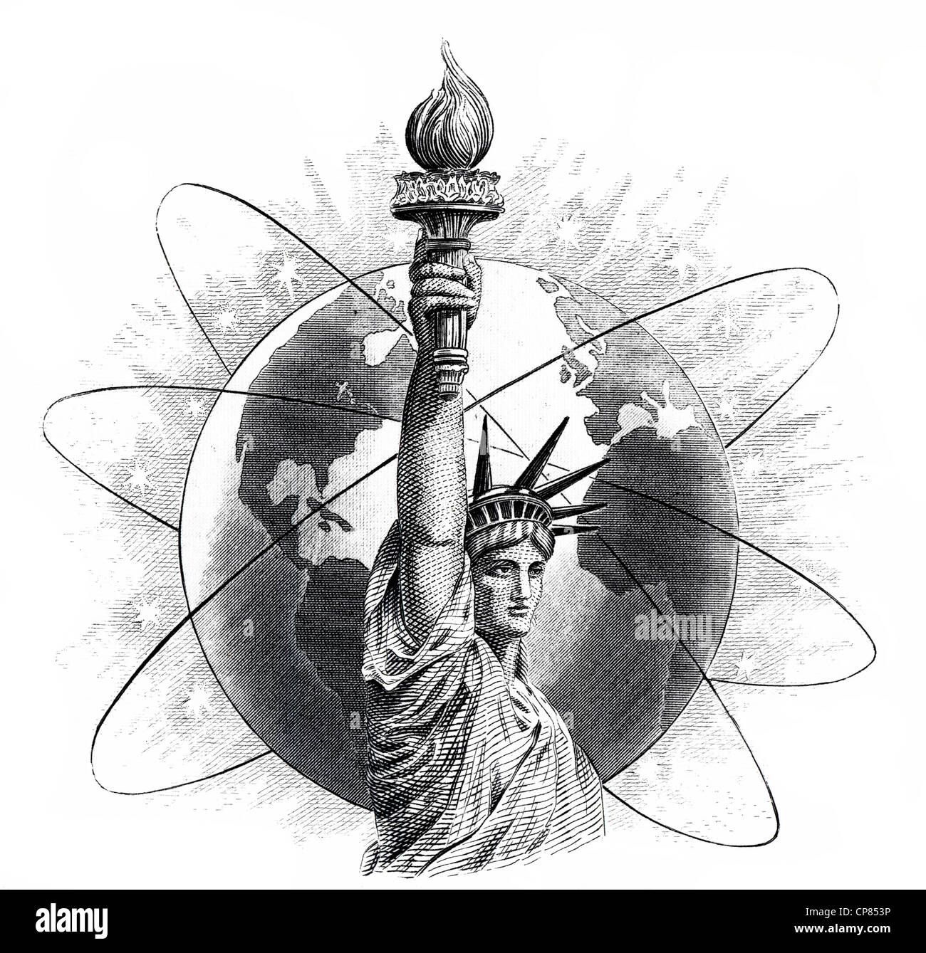 Detail of the vignette, historic stock certificate, Statue of Liberty with a globe, Georgia-Pacific Corporation, an American pul Stock Photo